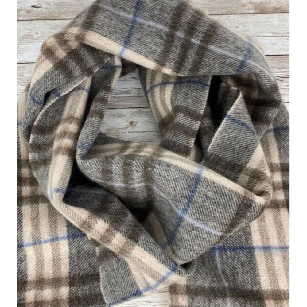 Enzo Montavani Cashmere & Wool Plaid Scarf Unisex Neutral Preppy Casual Fringe